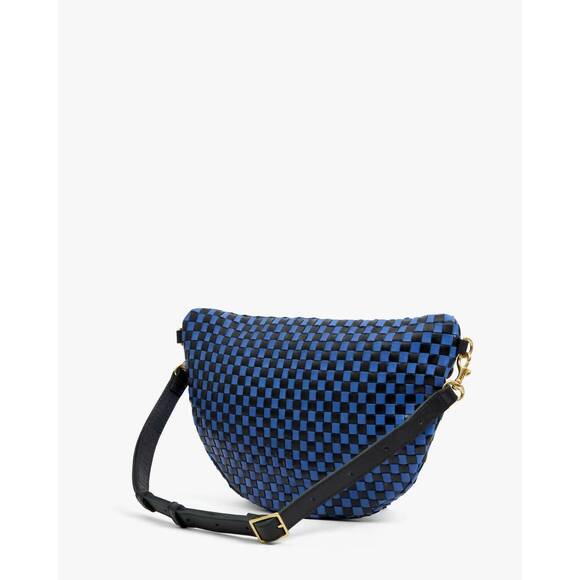 NEW CLARE V. women's petit moyen messenger bag in black/cobalt woven checker - Picture 2 of 7